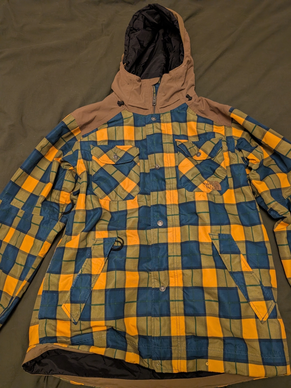 The North Face Men’s Yellow, Blue & Olive Plaid Hooded Ski Jacket